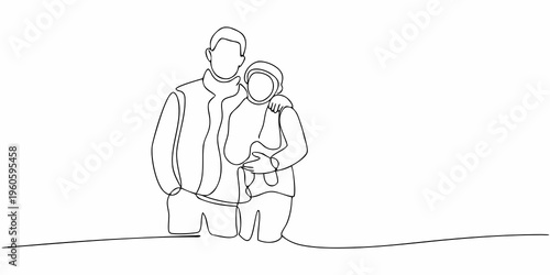 Continuous line drawing of a couple embracing with tenderness and love