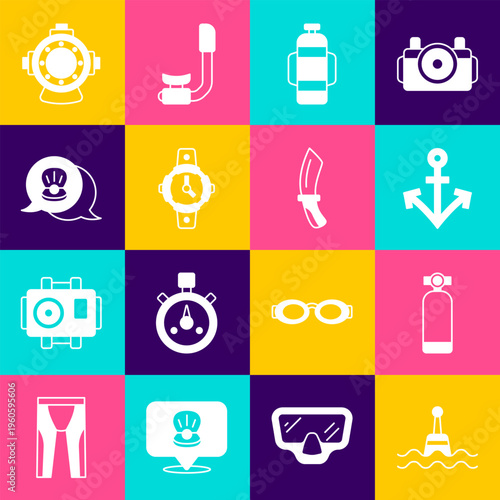 Set Floating buoy, Aqualung, Anchor, Diving watch, Scallop sea shell, and knife icon. Vector