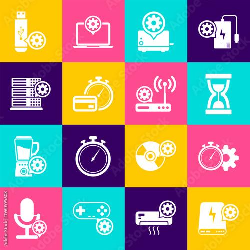 Set Power bank setting, Time management, Old hourglass with sand, Toaster, Fast payments and Server icon. Vector