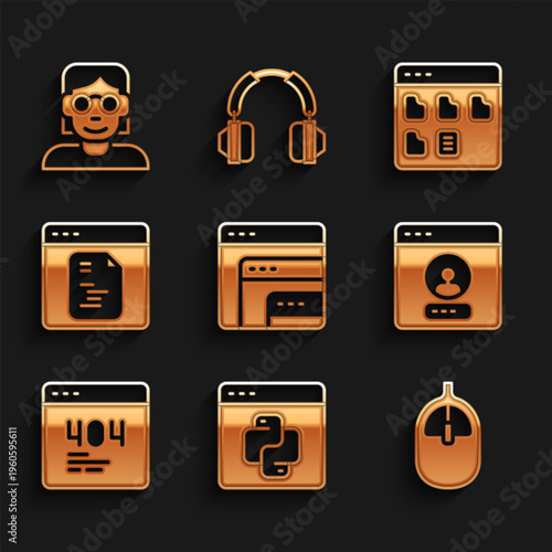 Set Software, Python programming language, Computer mouse, Create account screen, Page with 404 error, Browser files and Hacker coder icon. Vector