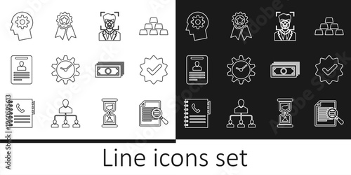 Set line Document with search, Approved and check mark, Face recognition, Time Management, Identification badge, Human head gear inside, Stacks paper money cash and Medal star icon. Vector