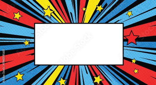 Vibrant comic book style background with white text box and radiating lines and stars