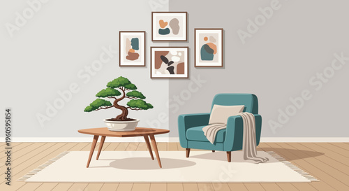 Cozy Living Room Corner with Bonsai Tree, Armchair, and Abstract Art