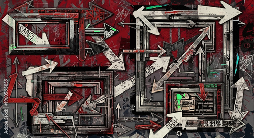 Confusing Arrows and Frames, Urban Grunge Style, Directions Chaos, Street Art