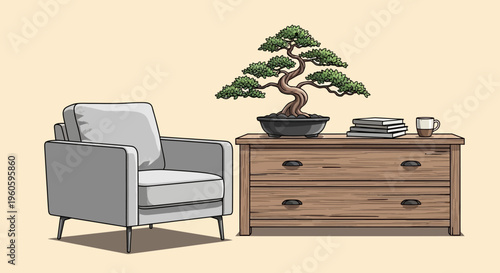 Cozy Living Room Corner: Armchair, Bonsai Tree, and Coffee Table with Books