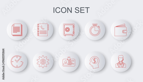 Set line Man with a headset, Clock arrow, Safe, Business man planning mind, Document, Phone book, Gear dollar symbol and Identification badge icon. Vector