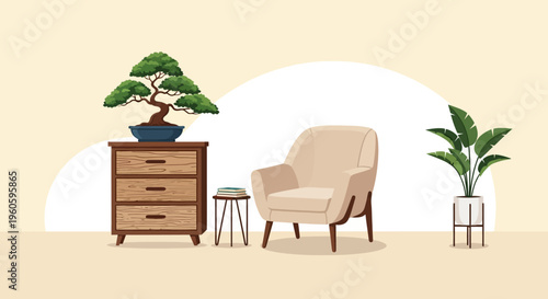 Cozy Living Room Corner with Bonsai Tree, Armchair, and Plant