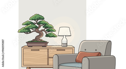 Cozy Living Room Corner with Bonsai Tree, Armchair, and Lamp