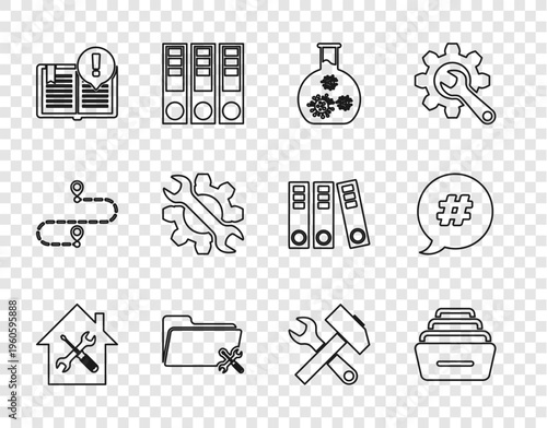 Set line House service, Drawer with documents, Test tube virus, Folder, Interesting facts, Wrench and gear, Crossed hammer wrench and Hashtag speech bubble icon. Vector
