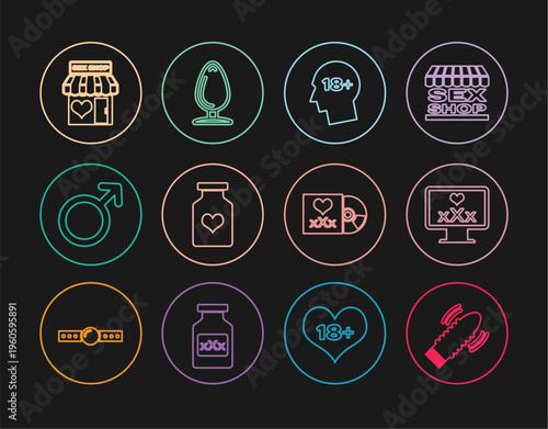 Set line Dildo vibrator for sex games, Monitor with 18 plus content, Head, Bottle pills potency, Male gender symbol, Sex shop building, Disc inscription and Anal plug icon. Vector