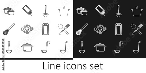 Set line Kitchen ladle, Crossed fork and spoon, Cooking soup in pot, whisk, Salt pepper and icon. Vector