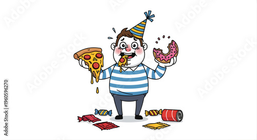 Cartoon illustration of a person overeating fast food and sweets isolated on white background