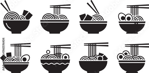 Noodle Bowl Icons: Ramen and Asian Cuisine Silhouette Vector Set