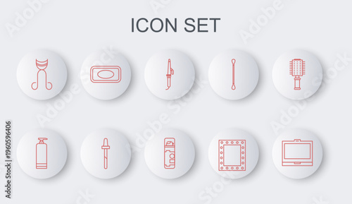 Set line Makeup powder with mirror, Cream cosmetic tube, Curling iron, lights, Eyelash curler, Bar of soap, Pipette and Shaving gel foam icon. Vector
