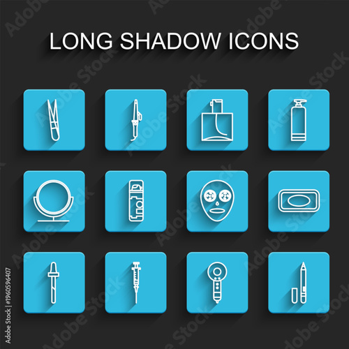 Set line Pipette, Syringe, Eyebrow tweezers, Hair dryer, Eyeliner, eyebrow, Shaving gel foam, Bar of soap and Facial cosmetic mask icon. Vector