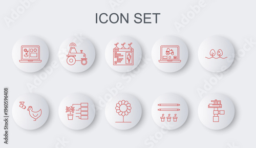 Set line Automatic irrigation sprinklers, Chicken farm and camera, Smart farming technology, with bulb plant, Wireless tractor smart, Flower analysis and icon. Vector