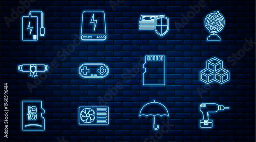 Set line Drill machine, Isometric cube, Money protection, Gamepad, Diploma rolled scroll, Power bank, Micro SD memory card and icon. Vector