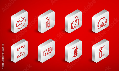 Set line Truck side mirror, Gear shifter, Speedometer, Shock absorber, Car door handle and Chassis car icon. Vector