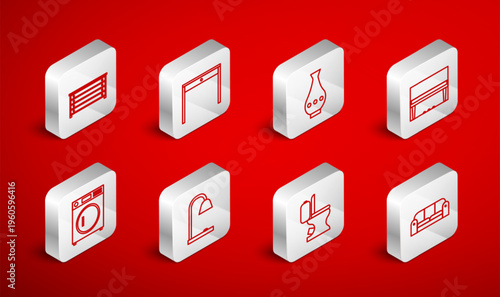 Set line Sofa, Wooden table, Vase, Grand piano, Toilet bowl, Chest drawers, Table lamp and Washer icon. Vector
