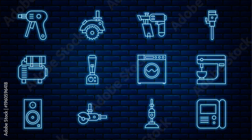 Set line House intercom system, Electric mixer, Nail gun, Blender, Air compressor, hot glue, Washer and circular saw icon. Vector