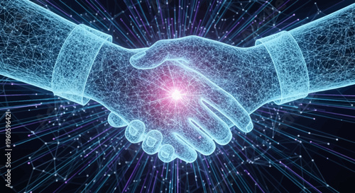 Digital handshake, futuristic technology, global network connection, business partnership