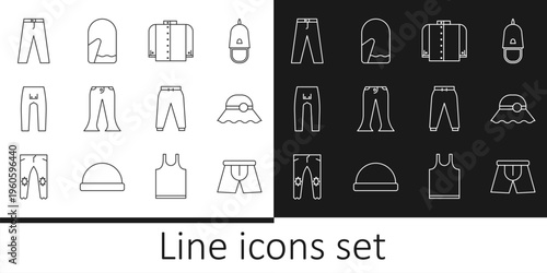 Set line Men underpants, Elegant women hat, T-shirt, Pants, Sport and Christmas mitten icon. Vector