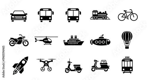 Diverse Transportation Icons: A Collection of Modern and Classic Vehicles