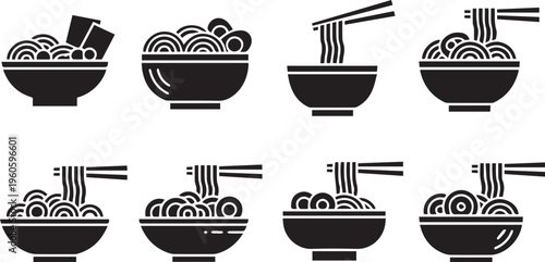 Ramen Noodle Bowl and Chopsticks Vector Icon Set