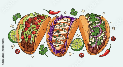 Delicious Tacos Assortment: Chicken, Beef, and Veggie with Fresh Toppings