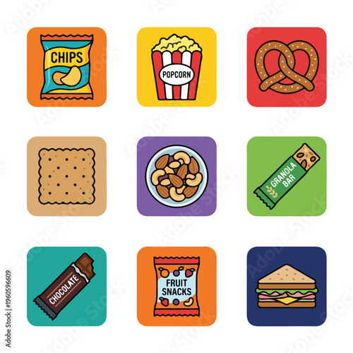Colorful snack food icons set.