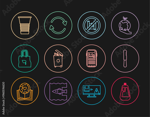 Set line Bottle for dishwashing liquid, Disposable plastic knife, Say no to bags poster, Trash can, Shopping with recycle, Paper glass, Stop pollution and Refresh icon. Vector