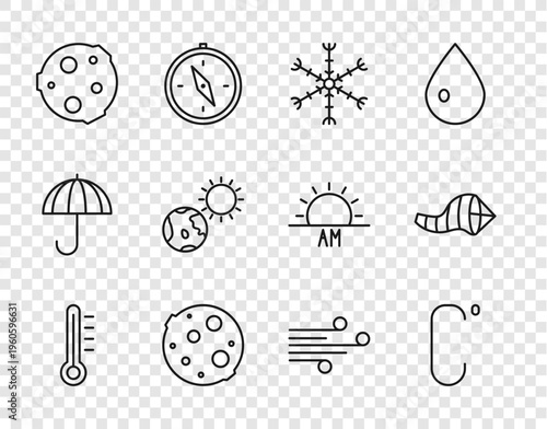 Set line Meteorology thermometer, Celsius, Snowflake, Moon, Earth globe and sun, Wind and Cone meteorology windsock wind vane icon. Vector