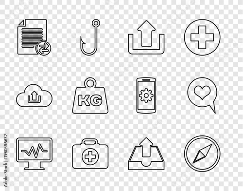 Set line Monitor with cardiogram, Wind rose, Upload, First aid kit, Transfer files, Weight, inbox and Heart speech bubble icon. Vector