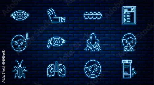 Set line Medicine bottle and pills, Handkerchief to his runny nose, Chicken egg box, Reddish eye allergic conjunctivitis, High human body temperature, Runny and Inhaler icon. Vector