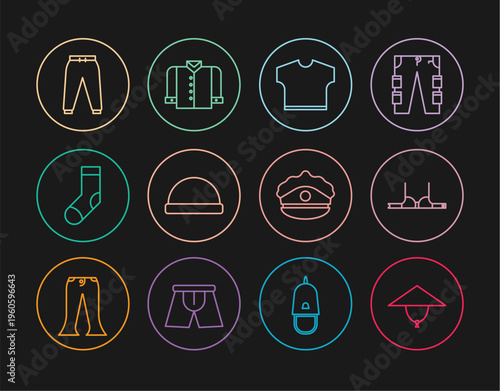 Set line Asian conical hat, Bra, T-shirt, Beanie, Socks, Sport pants, Police cap with cockade and icon. Vector
