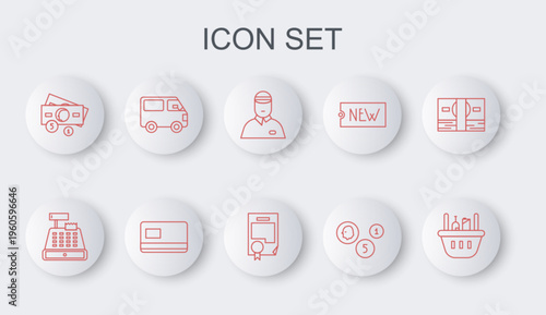 Set line Shopping basket and food, Cash register machine, Seller, Coin money, Stacks paper cash, Delivery cargo truck vehicle, Credit card and Certificate template icon. Vector
