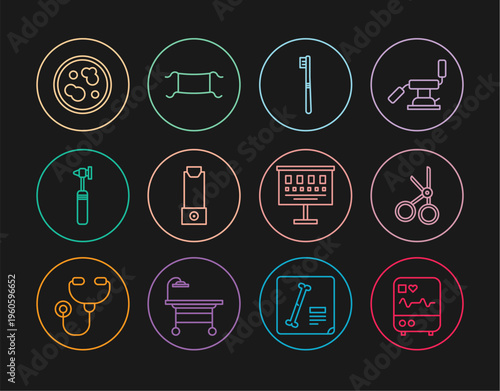 Set line Monitor with cardiogram, Medical scissors, Toothbrush, Inhaler, otoscope tool, Petri dish bacteria, Eye test chart and protective mask icon. Vector