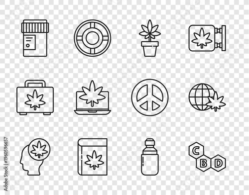 Set line Head with marijuana or cannabis, Cannabis molecule, Marijuana plant, Book and, Medical bottle, Laptop, olive oil and Legalize globe icon. Vector