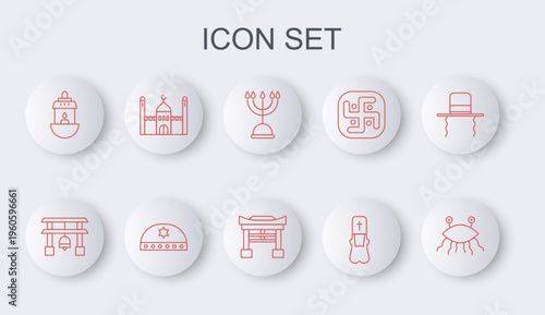 Set line Pastafarianism, Japan Gate, Hanukkah menorah, Priest, Ramadan Kareem lantern, Muslim Mosque, Jewish kippah with star of david and icon. Vector