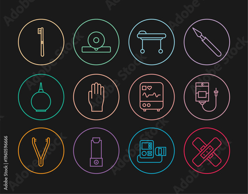 Set line Crossed bandage plaster, IV bag, Stretcher, Medical rubber gloves, Enema, Toothbrush, Monitor with cardiogram and Otolaryngological head reflector icon. Vector