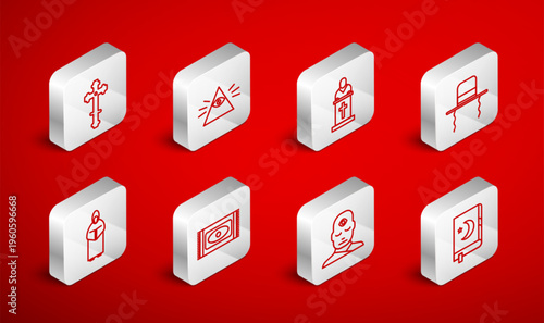 Set line Holy book of Koran, Masons, Church pastor preaching, Orthodox jewish hat with sidelocks, Man third eye, Christian cross, Traditional carpet and Monk icon. Vector