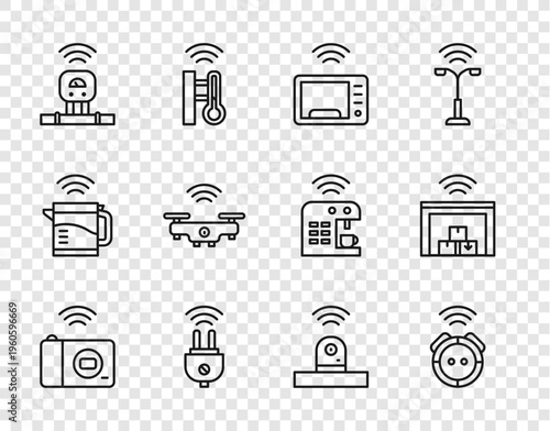 Set line Smart photo camera, Robot vacuum cleaner, microwave oven, electric plug, sensor, drone, security and warehouse icon. Vector