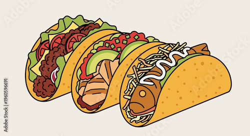 Delicious Tacos Assortment: Mexican Food Variety, Fresh Ingredients, Colorful Toppings, Studio Shot