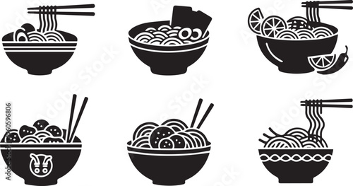 Ramen Bowl Icon Set - Minimalist Noodle Soup Vector Illustrations