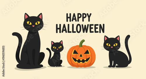 Happy Halloween Black Cats and Jack O Lantern Pumpkin