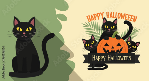 Happy Halloween Black Cats and Pumpkin Illustration