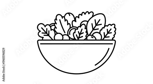 Healthy Salad Bowl Icon: Fresh Greens and Vegetables, Simple Line Art