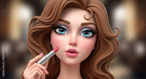 Glamorous Cartoon Woman Applying Lipstick, Beauty and Makeup Concept