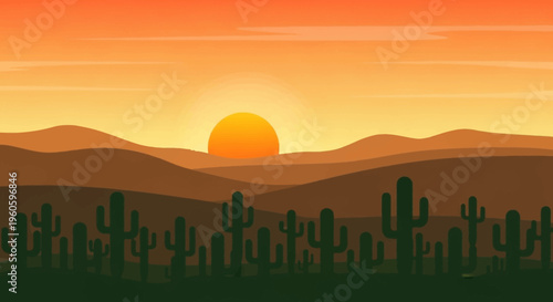 Desert Sunset Landscape with Cacti and Rolling Hills