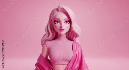 Glamorous Pink Doll Woman with Makeup and Stylish Outfit on Pink Background